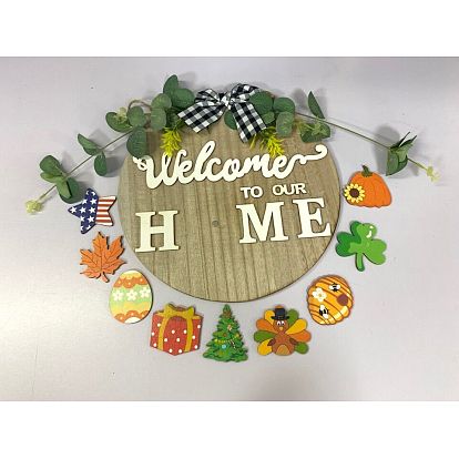 Printed Wooden Big Pendants, Wood Home Welcome Hanging Decorations with Rope, Replaceable Pattern, Round