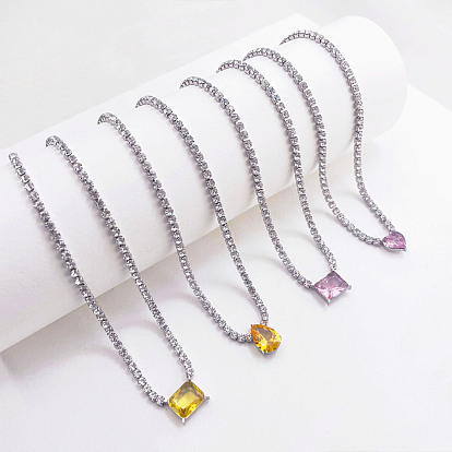 Теннисные ожерелья с подвеской в форме сердца в форме капли и прямоугольника из кубических цирконий из латуни, платина