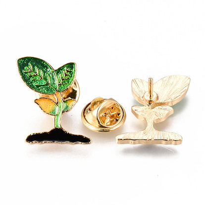 Alloy Enamel Brooches, Enamel Pin, with Brass Butterfly Clutches, Sprout, Light Gold, Cadmium Free & Nickel Free & Lead Free