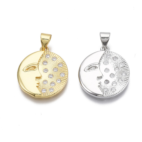 Brass Micro Pave Clear Cubic Zirconia Pendants, Nickel Free, Flat Round with Abstract Face
