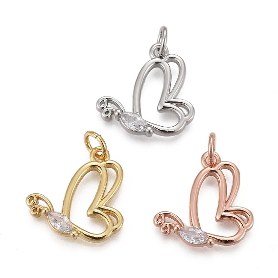 Латунные микропаве прозрачные подвески с фианитом, с прыжковых колец, долговечный, форме бабочки