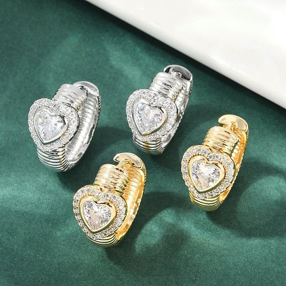 Серьги-кольца из латуни с прозрачным кубическим цирконием, сердце