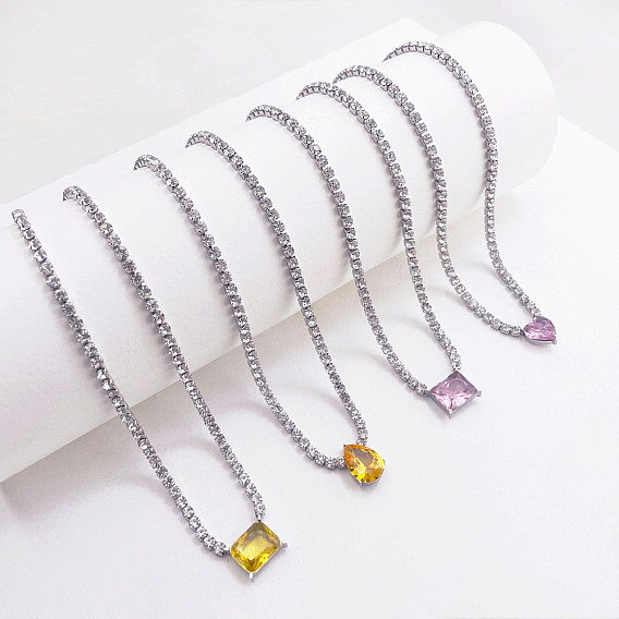 Теннисные ожерелья с подвеской в форме сердца в форме капли и прямоугольника из кубических цирконий из латуни, платина