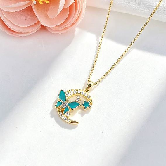 Brass Pave Cubic Zirconia Butterfly Pendant 304 Stainless Steel Cable Chain Necklaces for Women, Golden