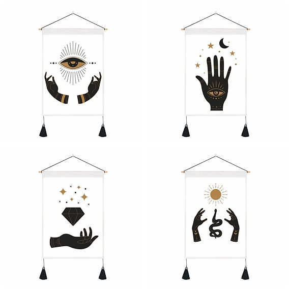 Tarot Pattern Polyester Wall Hanging Tapestry, Vertical Tapestry, with Wood Rod & Iron Traceless Nail & Cord, for Home Decoration, Rectangle with Palm/Diamond/Sun/Eye Pattern