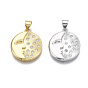Brass Micro Pave Clear Cubic Zirconia Pendants, Nickel Free, Flat Round with Abstract Face