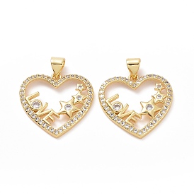 Brass Cubic Zirconia Pendants, Heart with Star & Word LOVE Charm