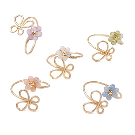 Flower Natural Peridot & Rainbow Moonstone & Amethyst & Blue Aventurine & Sunstone Finger Rings, Butterfly Copper Wire Wrapped Cuff Rings for Women