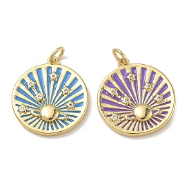 Brass Micro Pave Clear Cubic Zirconia Pendants, with Enamel, Flat Round & Planet Charms, Lead Free & Cadmium Free, Long-Lasting Plated, Rack Plating, Real 18K Gold Plated