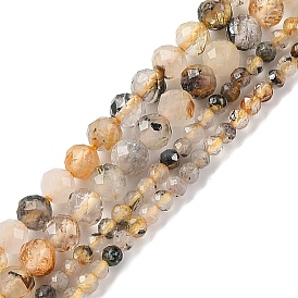 Natural Rutilated Quartz Beads Strands, Faceted, Round