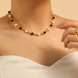 Ожерелья из натурального пресноводного жемчуга и круглого натурального черного обсидиана для женщин, с концевыми цепями из нержавеющей стали