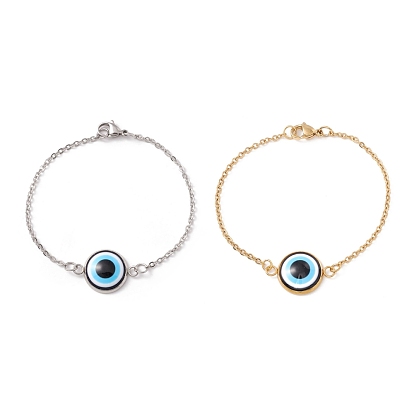 Synthetic Shell Evil Eye Link Bracelet with Enamel, 304 Stainless Steel Jewelry for Women Ion Plating(IP)