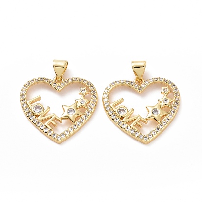 Brass Cubic Zirconia Pendants, Cadmium Free & Lead Free, Heart with Star & Word LOVE Charm