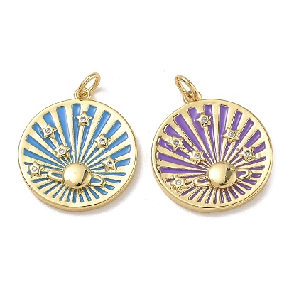 Brass Micro Pave Clear Cubic Zirconia Pendants, with Enamel, Flat Round & Planet Charms, Lead Free & Cadmium Free, Long-Lasting Plated, Rack Plating, Real 18K Gold Plated