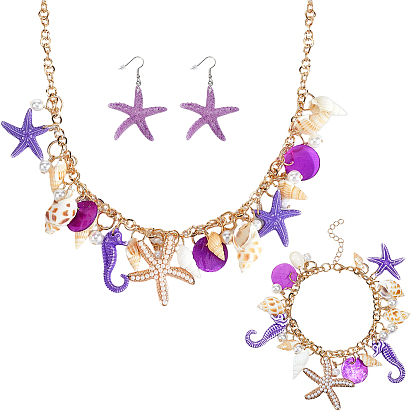 1Pc Alloy & Resin & Plastic Imitation Pearl Charm Bracelets, 1Pair Starfish Resin Dangle Stud Earrings, with Iron Findings, 1Pc 304 Stainless Steel Enamel and Natural Shell Pendant Necklaces