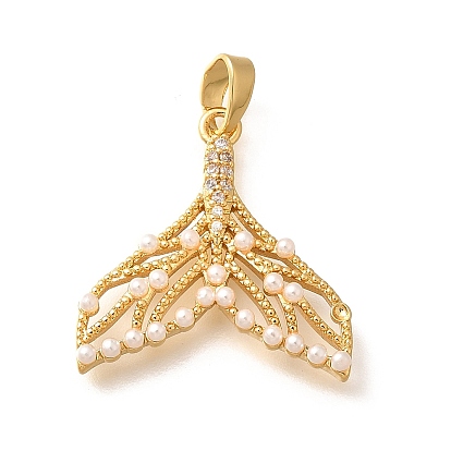 Подвески из латуни с микропаве из циркония, прелести рыбий хвост, с ABS имитации жемчуга, стойки покрытие, без свинца и без кадмия