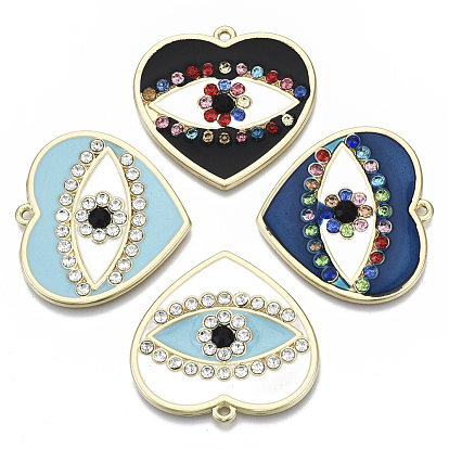 Alloy Enamel Pendants, Cadmium Free & Lead Free, with Rhinestone, Heart with Eye, Light Gold