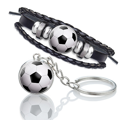 Glass Football Jewelry Set, PU Leather Triple Layer Multi-strand Bracelets & Keychain, with Alloy Findings