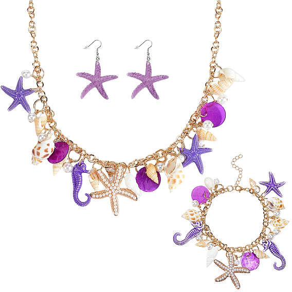 1Pc Alloy & Resin & Plastic Imitation Pearl Charm Bracelets, 1Pair Starfish Resin Dangle Stud Earrings, with Iron Findings, 1Pc 304 Stainless Steel Enamel and Natural Shell Pendant Necklaces