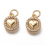 Brass Micro Pave Clear Cubic Zirconia Charms, Long-Lasting Plated, with Jump Ring, Flat Round with Heart