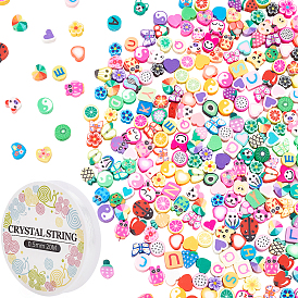PandaHall Elite 360Pcs 18 Styles Handmade Polymer Clay Beads, Horizontal Hole, with 40M 2 Roll Elastic Crystal Thread