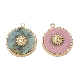 Natural Gemstone Pendants, 304 Stainless Steel Flat Round with Sun Bezeled Charms, Ion Plating(IP), Real 14K Gold Plated