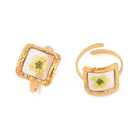 Square Ion Plating(IP) 304 Stainless Steel Open Cuff Rings for Women, with Epoxy Resin & Dried Flower inside