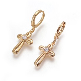 Brass Dangle Hoop Earrings, with Micro Pave Cubic Zirconia, Long-Lasting Plated, Cadmium Free & Nickel Free & Lead Free, Cross