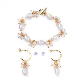 Bracelet & Dangle Earring Jewelry Sets, with Keshi Pearl, Copper Wire, 304 Stainless Steel Toggle Clasps and Brass Half Hoop Earrings