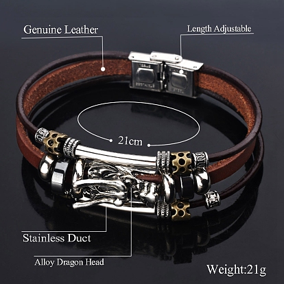 Leaehet Cords Multi-strand Bracelets, Alloy Dragon Punk Bracelet