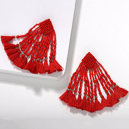 Bohemian Handmade Beaded Fabric Tassel Earrings with Exaggerated Fringe and European-American Style Jewelry Accessories