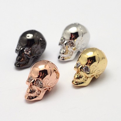 Skull Brass Micro Pave Cubic Zirconia Beads, Cadmium Free & Nickel Free & Lead Free, 13x9x11mm, Hole: 1mm and 3mm