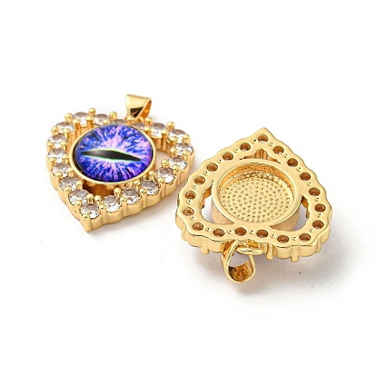 Real 18K Gold Plated Brass Pendants, with Glass and Acrylic, Heart with Evil Eye Charms