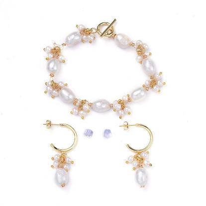 Bracelet & Dangle Earring Jewelry Sets, with Keshi Pearl, Copper Wire, 304 Stainless Steel Toggle Clasps and Brass Half Hoop Earrings