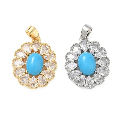 Латунные микропаве прозрачные подвески с фианитом, с синтетическими бирюзовый, овальный шарм