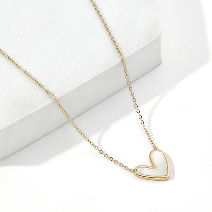 Natural Shell Heart Pendant Necklace with 201 Stainless Steel Cable Chains