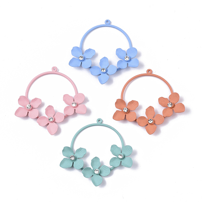 Spray Painted Eco-Friendly Iron Pendants, with Crystal Rhinestone, Flat Round with Flower, Cadmium Free & Nickel Free & Lead Free