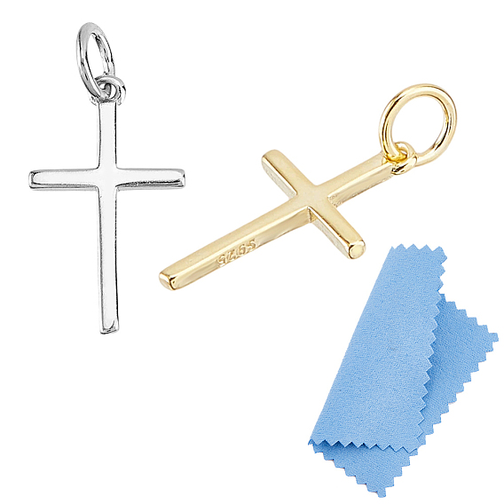 2Pcs 2 Colors 925 Sterling Silver Pendants, Religion Cross Charms, with Jump Rings & 925 Stamp & 1Pc Suede Fabric Square Silver Polishing Cloth