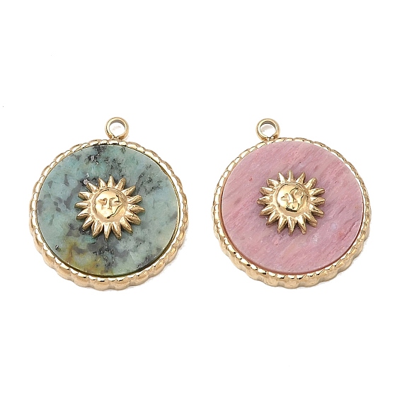 Natural Gemstone Pendants, 304 Stainless Steel Flat Round with Sun Bezeled Charms, Ion Plating(IP), Real 14K Gold Plated