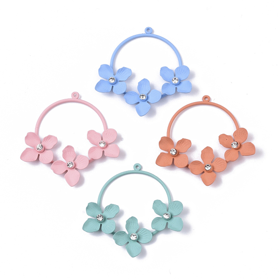Spray Painted Eco-Friendly Iron Pendants, with Crystal Rhinestone, Flat Round with Flower, Cadmium Free & Nickel Free & Lead Free