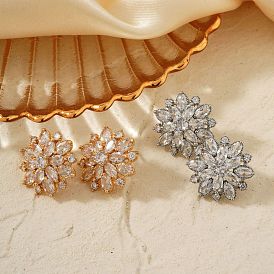 Fashionable Cute Shiny Brass Rhinestone Stud Earrings French Romantic Sunflower Earrings