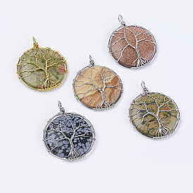 Gemstone Big Pendants, Wire Wrapped Pendants, with Brass Findings, Flat Round with Tree of Life