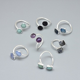 Adjustable Natural Gemstone Finger Rings, with Brass Findings, Flat Round