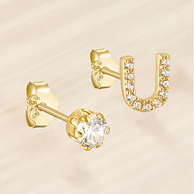 925 Sterling Silver Letter U Stud Earrings, with Clear Cubic Zirconia, Left and Right