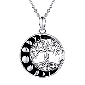 Rhodium Plated 925 Sterling Silver Tree of Life Pendant Necklaces, Moon Phase Pendant Necklaces for Women