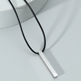 Cuboid Leather Rope Stainless Steel Pillar Necklace Simple Glossy Geometric Cylinder Personality Lettering Accessories