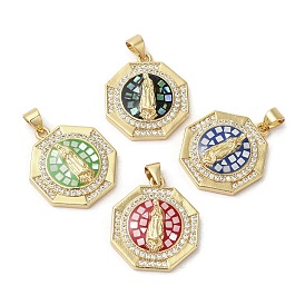 Brass Micro Pave Cubic Zirconia Pendants, with Enamel & Shell, Long-Lasting Plated, Lead Free & Cadmium Free, Real 18K Gold Plated, Octagon with Virgin Mary