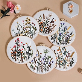 DIY Flower Pattern Embroidery Kits for Starter, Including Printed Fabric, Embroidery Thread & Needles, Embroidery Hoops, Instruction