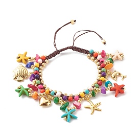 Ocean Animal Theme Braided Bead Bracelet, Synthetic Turquoise(Dyed) & Natural Chip Shell & Glass Beads Bracelet, Starfish & Heart & Dolphin Drop Charm Bracelet for Women