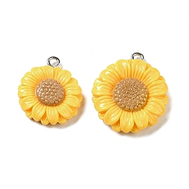Opaque Resin Pendants, Sunflower Charms with Platinum Plated Iron Loops